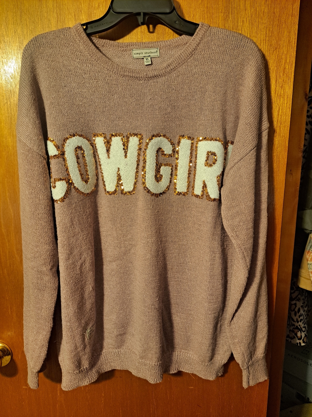 Simply Southern Mauve Crewneck Sweater with White and Gold Sequin COWGIRL